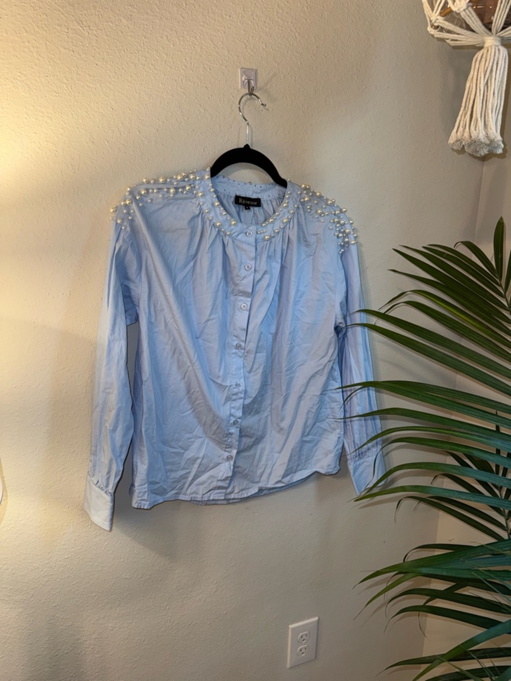 Reverse Light Blue Pearl-Embellished Button-Down Shirt